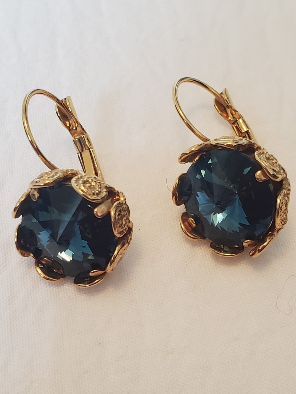 Made In Italy Lever Back Blue Crystal Drop Earrings In Gold Tone Crown Setting